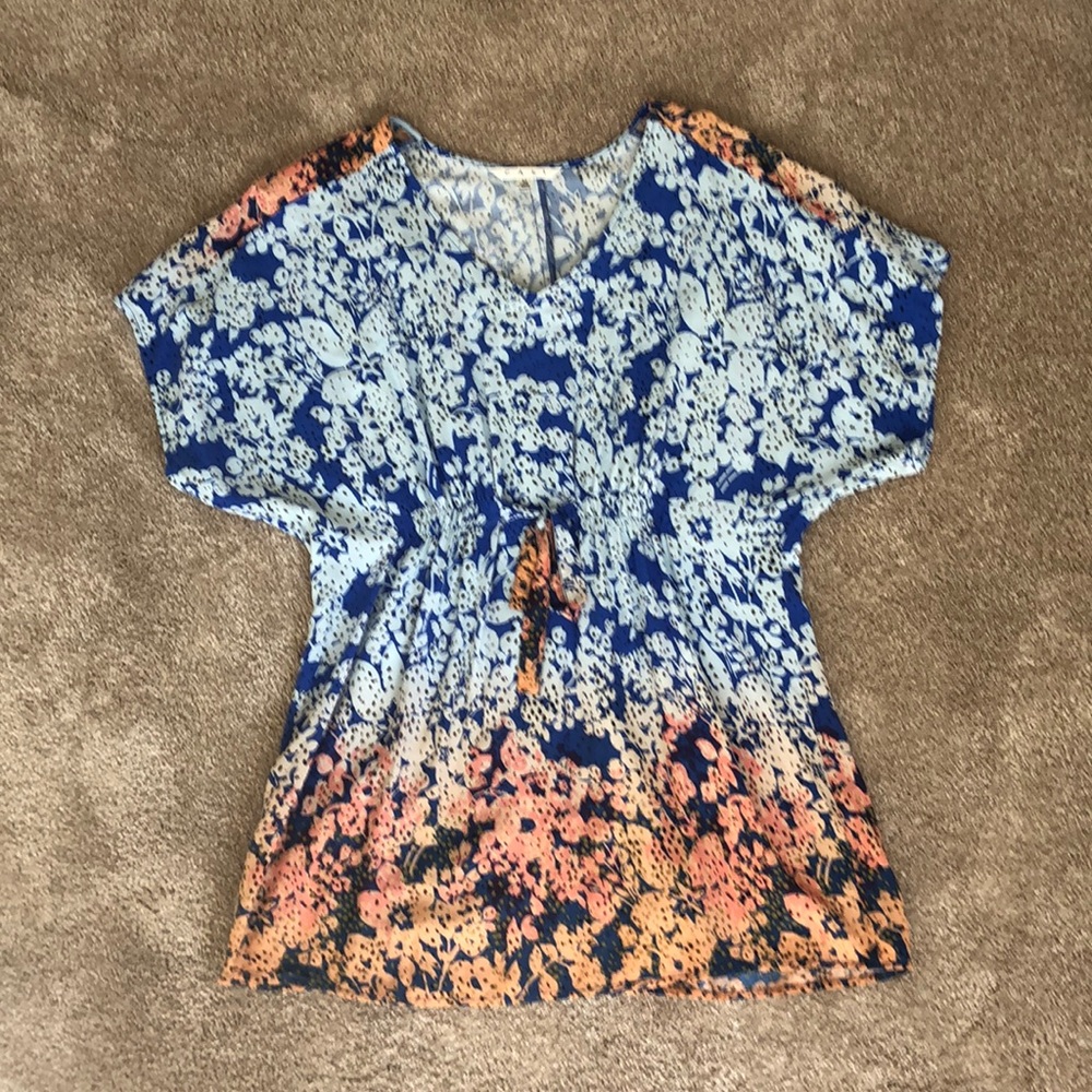 CAbi Floral Cinch Waste Ombré Blue & Coral Blouse